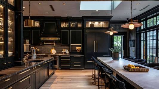 Modern kitchen with black cabinetry shown with recessed ceiling lights