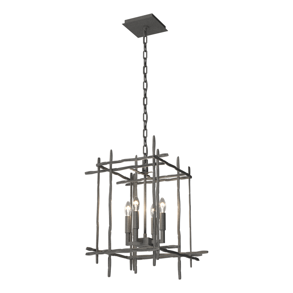 Tura 4-Light Small Chandelier by Hubbardton Forge, Dimmable, Hand-Hammered Aluminum, Customizable Finish