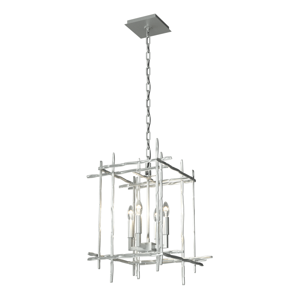 Tura 4-Light Small Chandelier by Hubbardton Forge, Dimmable, Hand-Hammered Aluminum, Customizable Finish