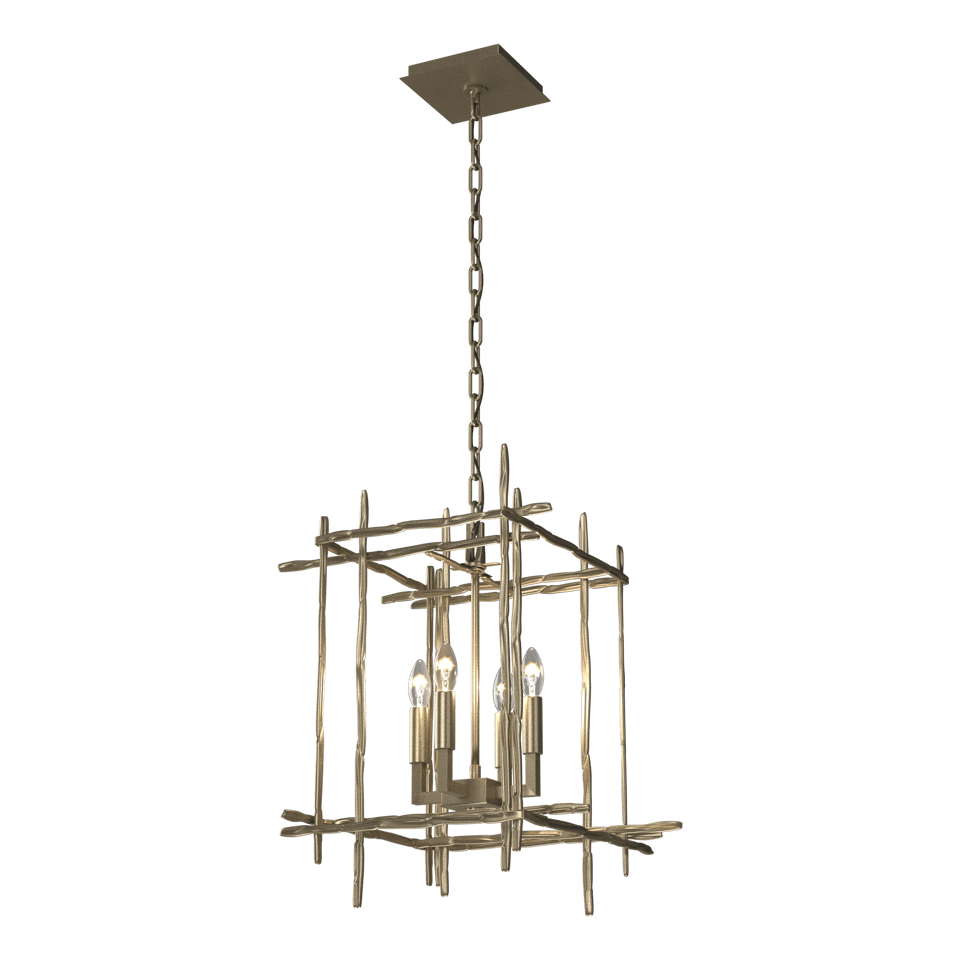 Tura 4-Light Small Chandelier by Hubbardton Forge, Dimmable, Hand-Hammered Aluminum, Customizable Finish