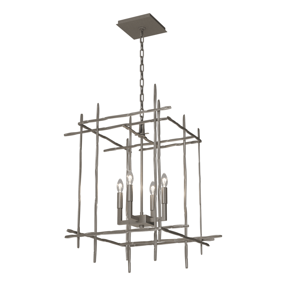 Tura 4-Light Chandelier by Hubbardton Forge in Hammered Aluminum – Dimmable, UL Damp Rated