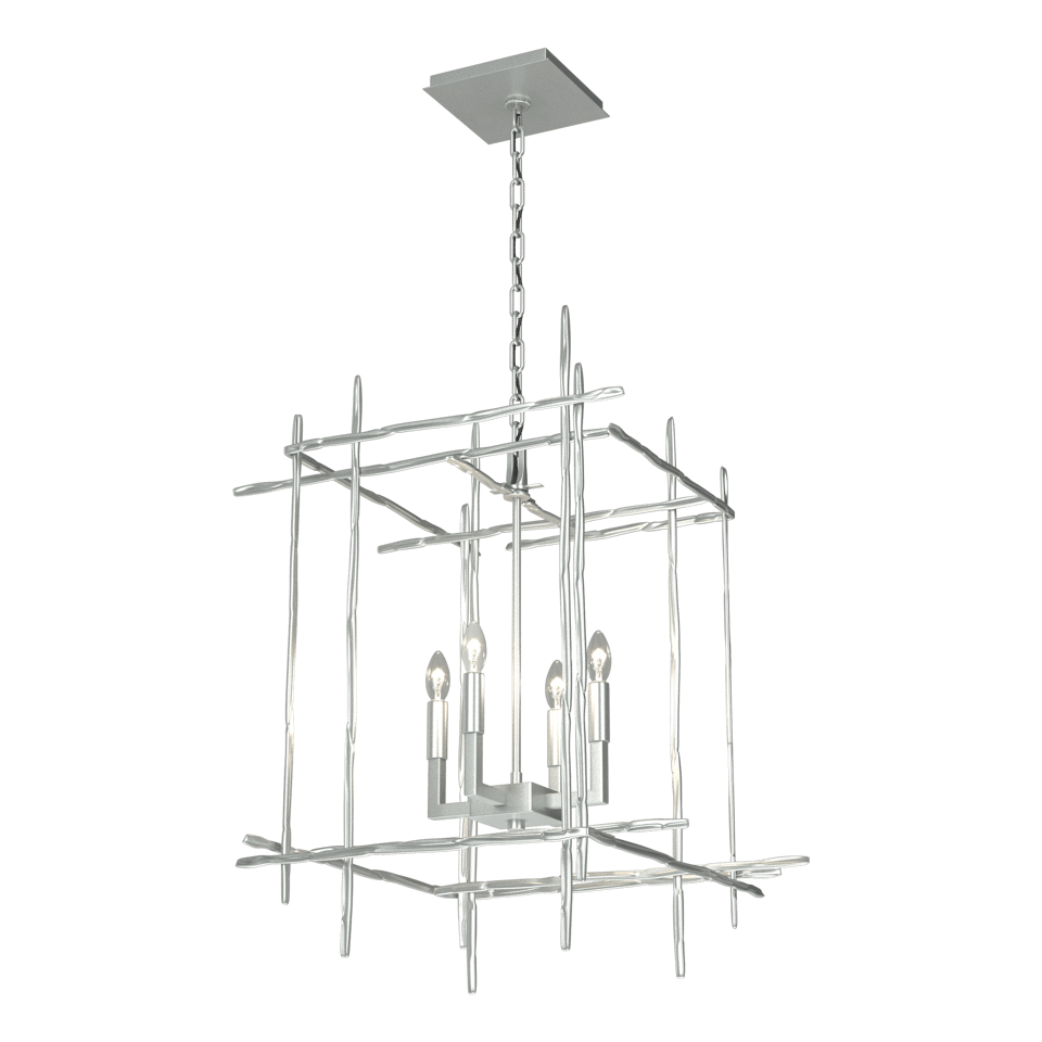 Tura 4-Light Chandelier by Hubbardton Forge in Hammered Aluminum – Dimmable, UL Damp Rated