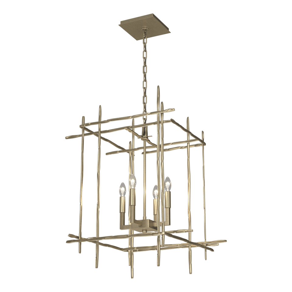 Tura 4-Light Chandelier by Hubbardton Forge in Hammered Aluminum – Dimmable, UL Damp Rated