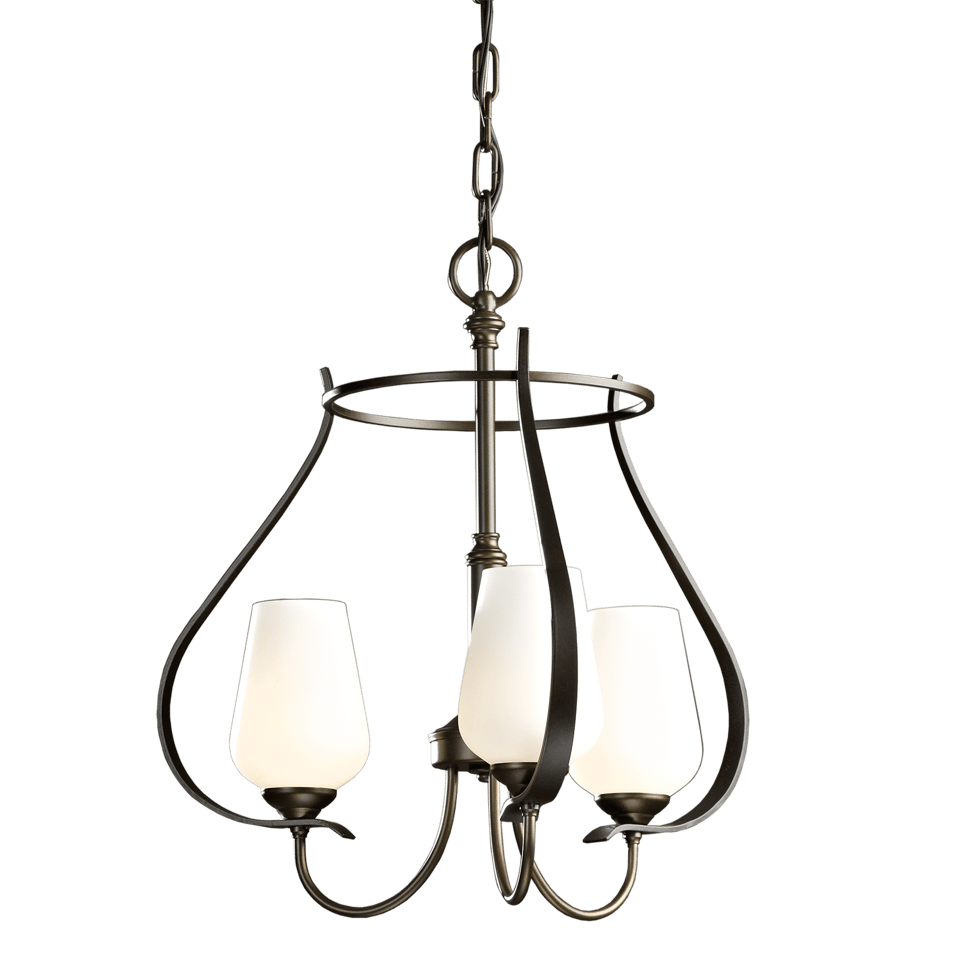 Hubbardton Forge Flora 3 Arm Chandelier with Elegant Curves and Opal Glass Shades, 18.8" High