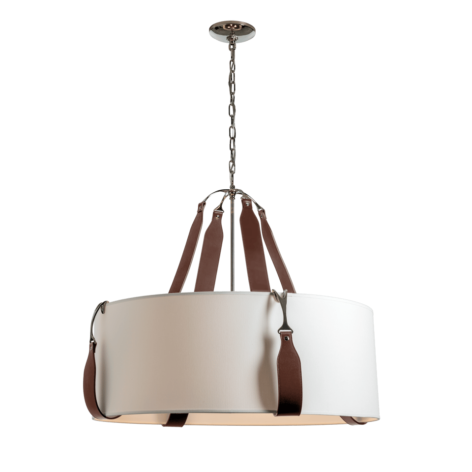 Saratoga Large Pendant Light by Hubbardton Forge, Modern Drum Shade with Leather Straps, UL Damp Rated