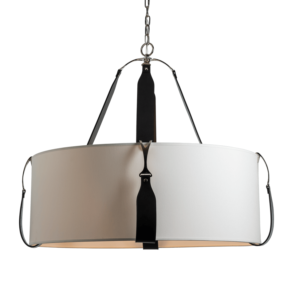 Saratoga Large Pendant Light by Hubbardton Forge, Modern Drum Shade with Leather Straps, UL Damp Rated