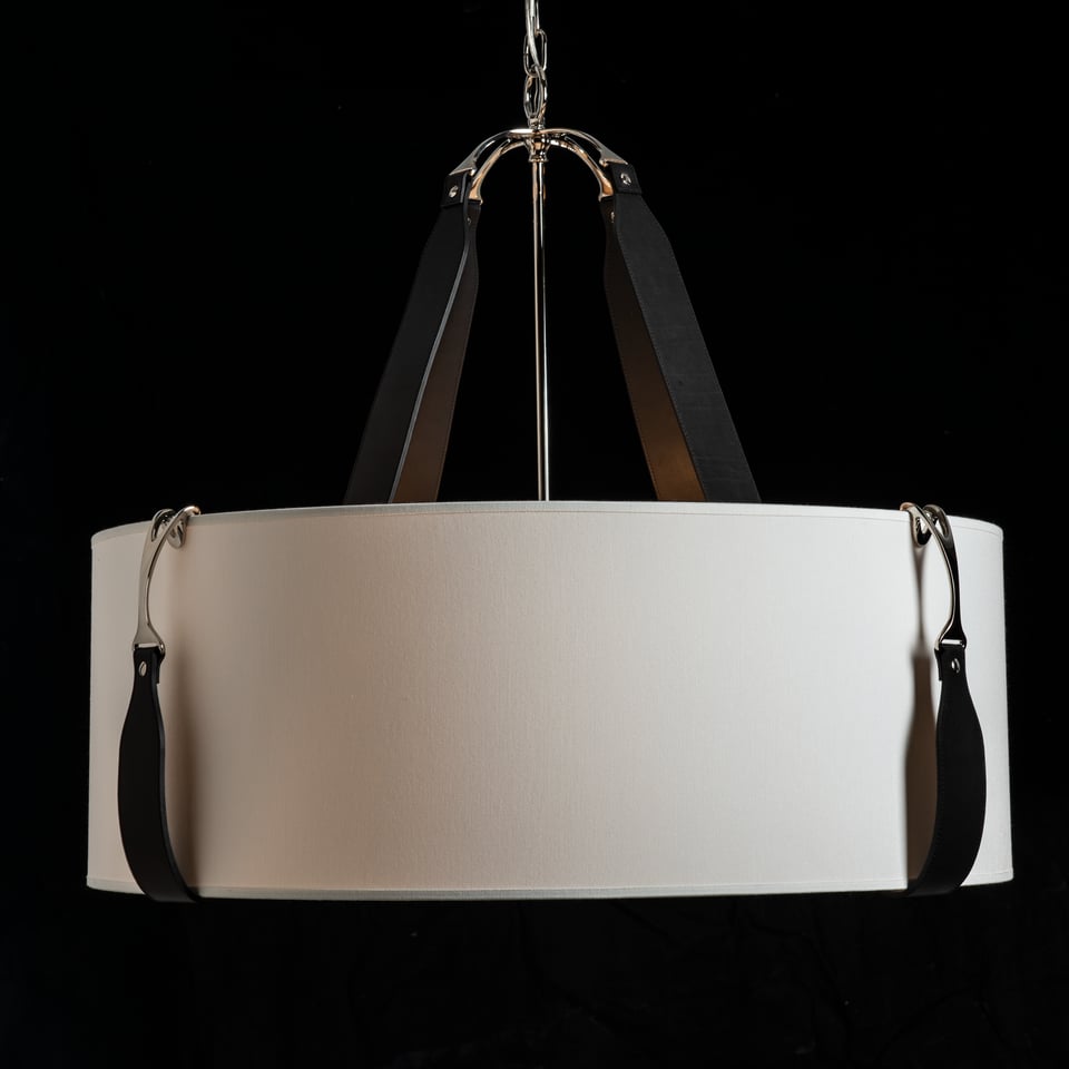 Saratoga Large Pendant Light by Hubbardton Forge, Modern Drum Shade with Leather Straps, UL Damp Rated