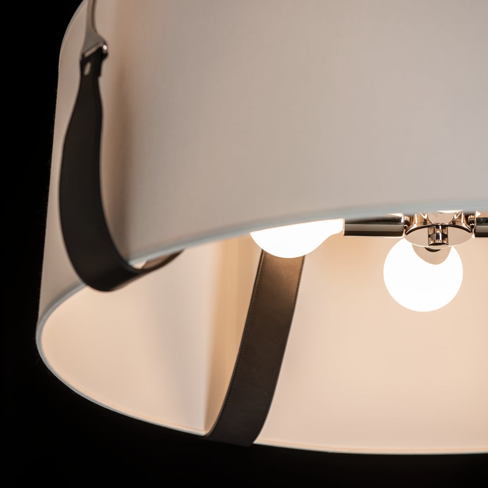 Saratoga Large Pendant Light by Hubbardton Forge, Modern Drum Shade with Leather Straps, UL Damp Rated