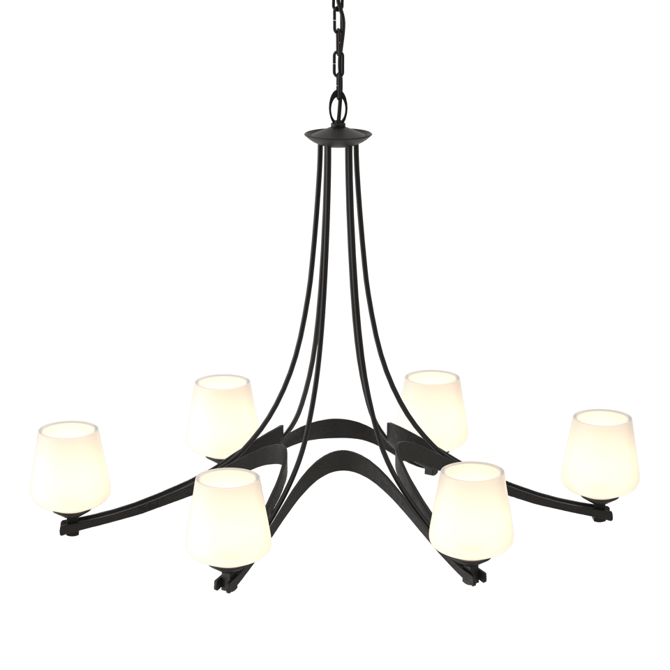 Oval Ribbon 6 Arm Chandelier by Hubbardton Forge, Dimmable, Opal Glass Shades, UL Rated for Damp Locations