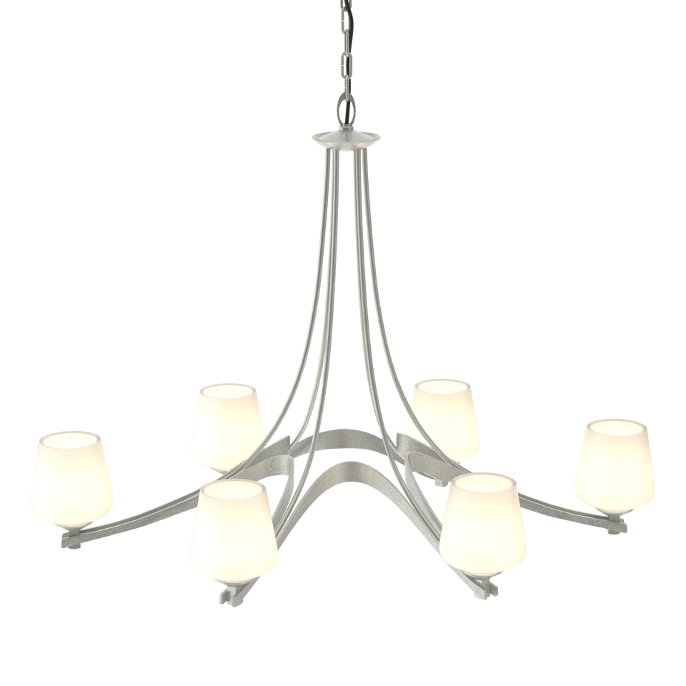 Oval Ribbon 6 Arm Chandelier by Hubbardton Forge, Dimmable, Opal Glass Shades, UL Rated for Damp Locations