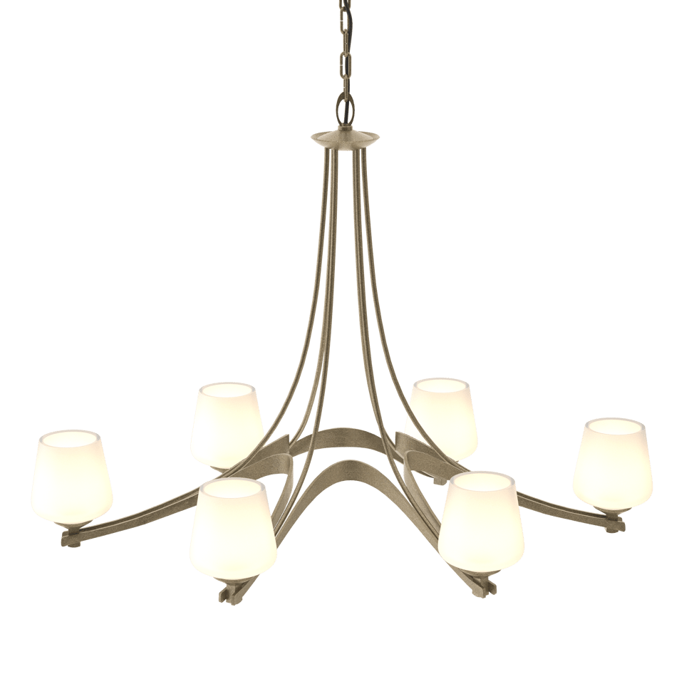 Oval Ribbon 6 Arm Chandelier by Hubbardton Forge, Dimmable, Opal Glass Shades, UL Rated for Damp Locations