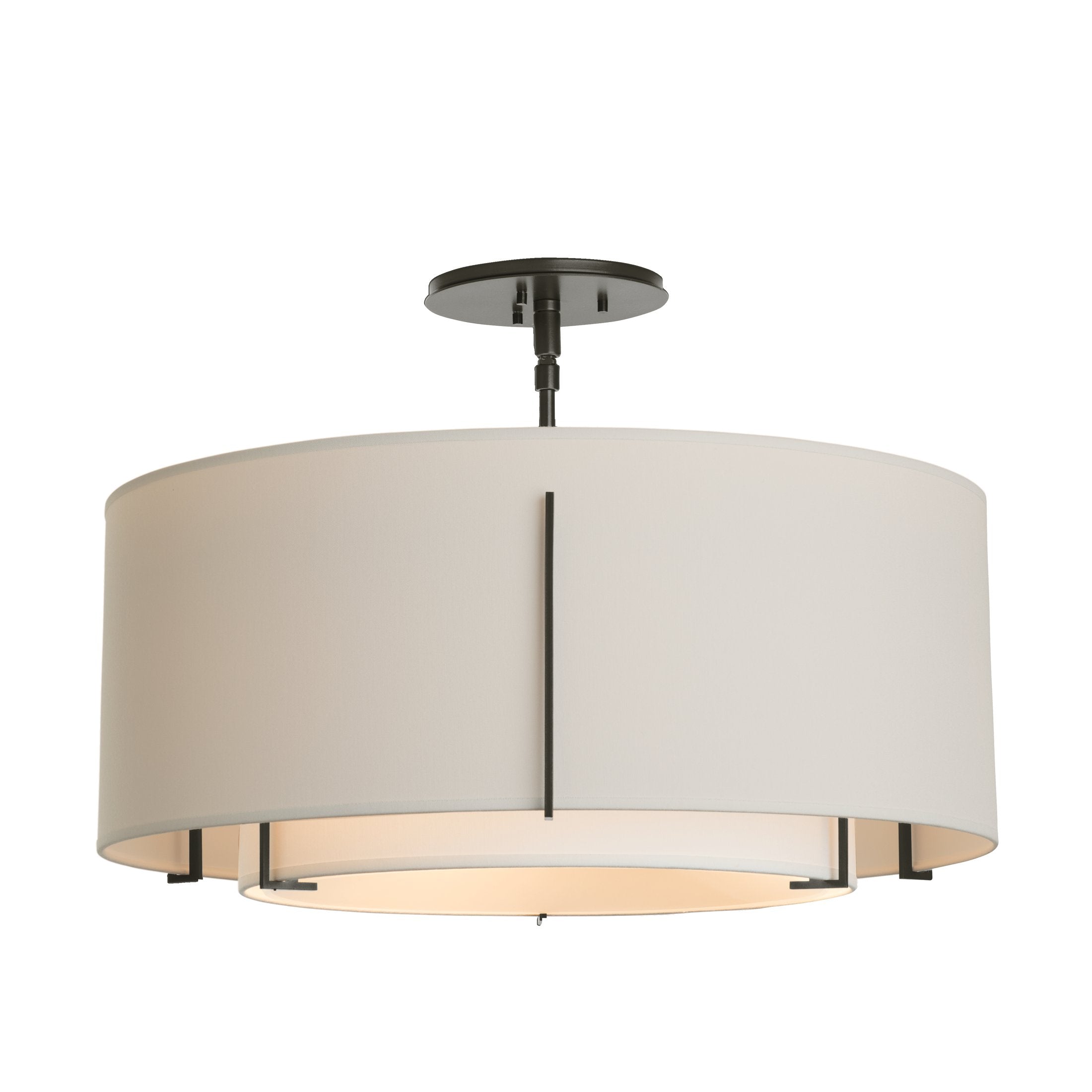 Exos Double Shade Semi-Flush Ceiling Lamp by Hubbardton Forge, Dimmable, Linen Shades, 15.3" H x 22.9" D