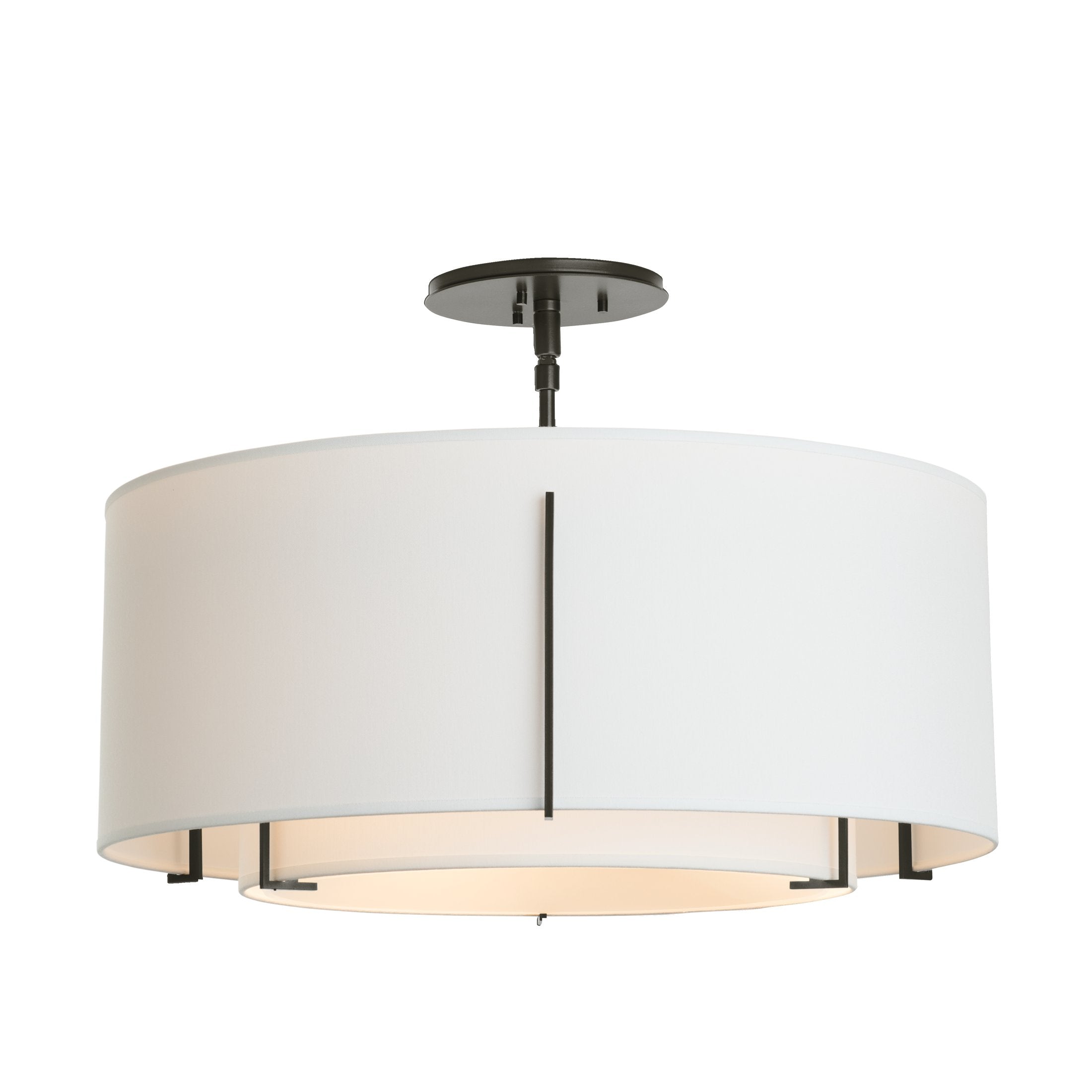 Exos Double Shade Semi-Flush Ceiling Lamp by Hubbardton Forge, Dimmable, Linen Shades, 15.3" H x 22.9" D