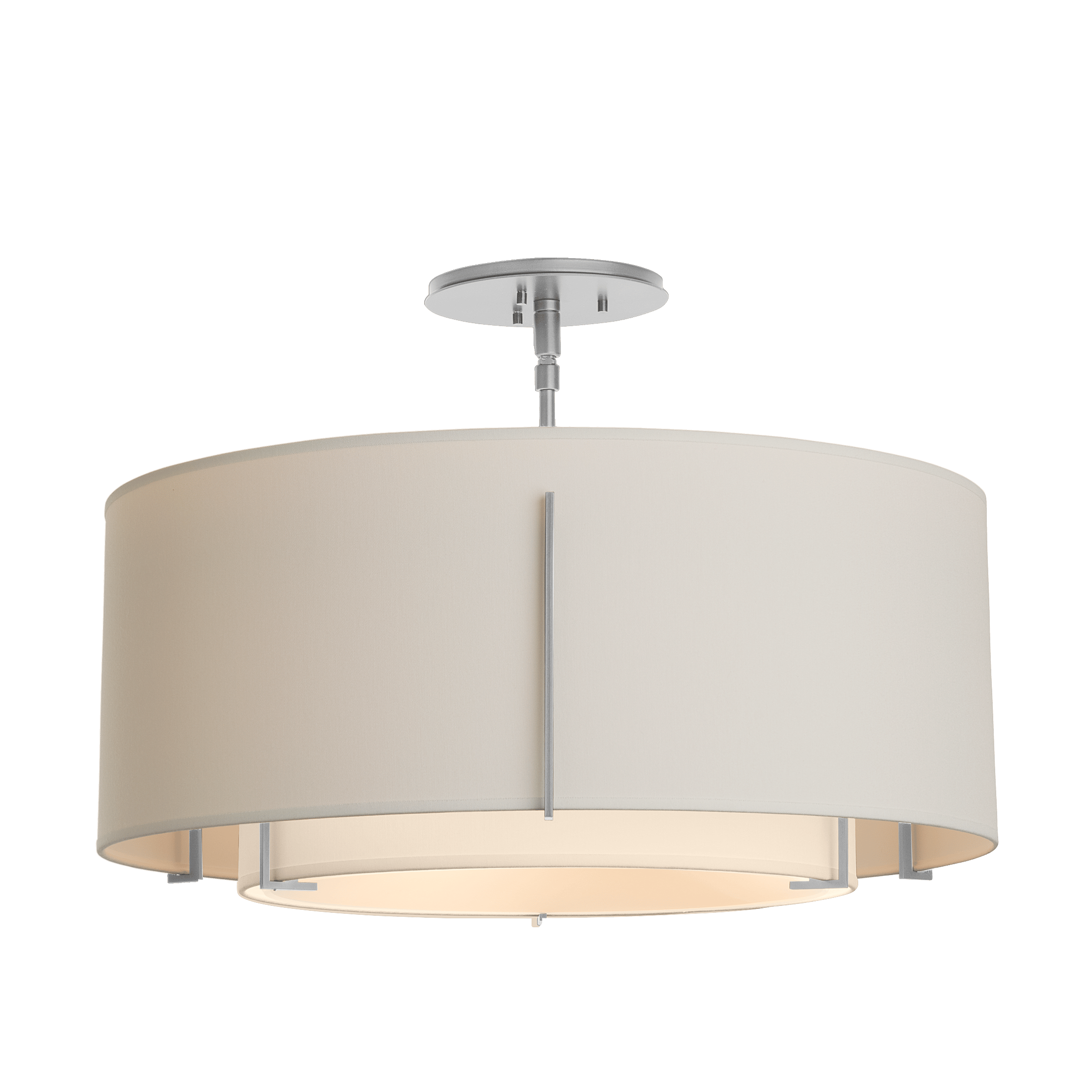 Exos Double Shade Semi-Flush Ceiling Lamp by Hubbardton Forge, Dimmable, Linen Shades, 15.3" H x 22.9" D