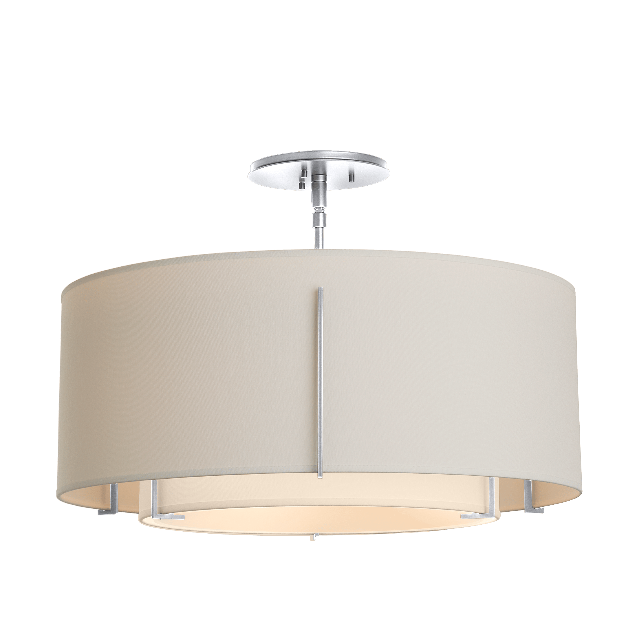 Exos Double Shade Semi-Flush Ceiling Lamp by Hubbardton Forge, Dimmable, Linen Shades, 15.3" H x 22.9" D