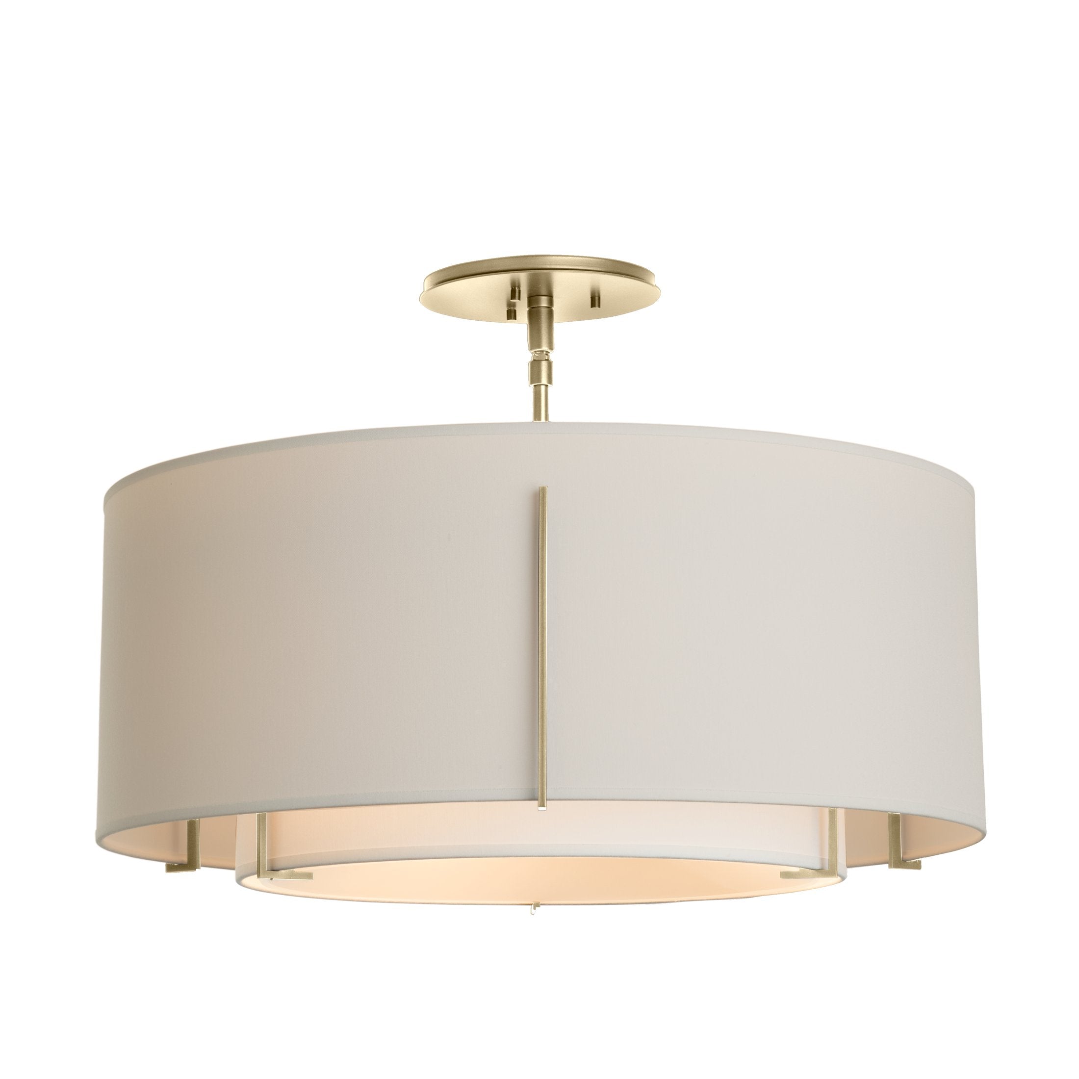 Exos Double Shade Semi-Flush Ceiling Lamp by Hubbardton Forge, Dimmable, Linen Shades, 15.3" H x 22.9" D