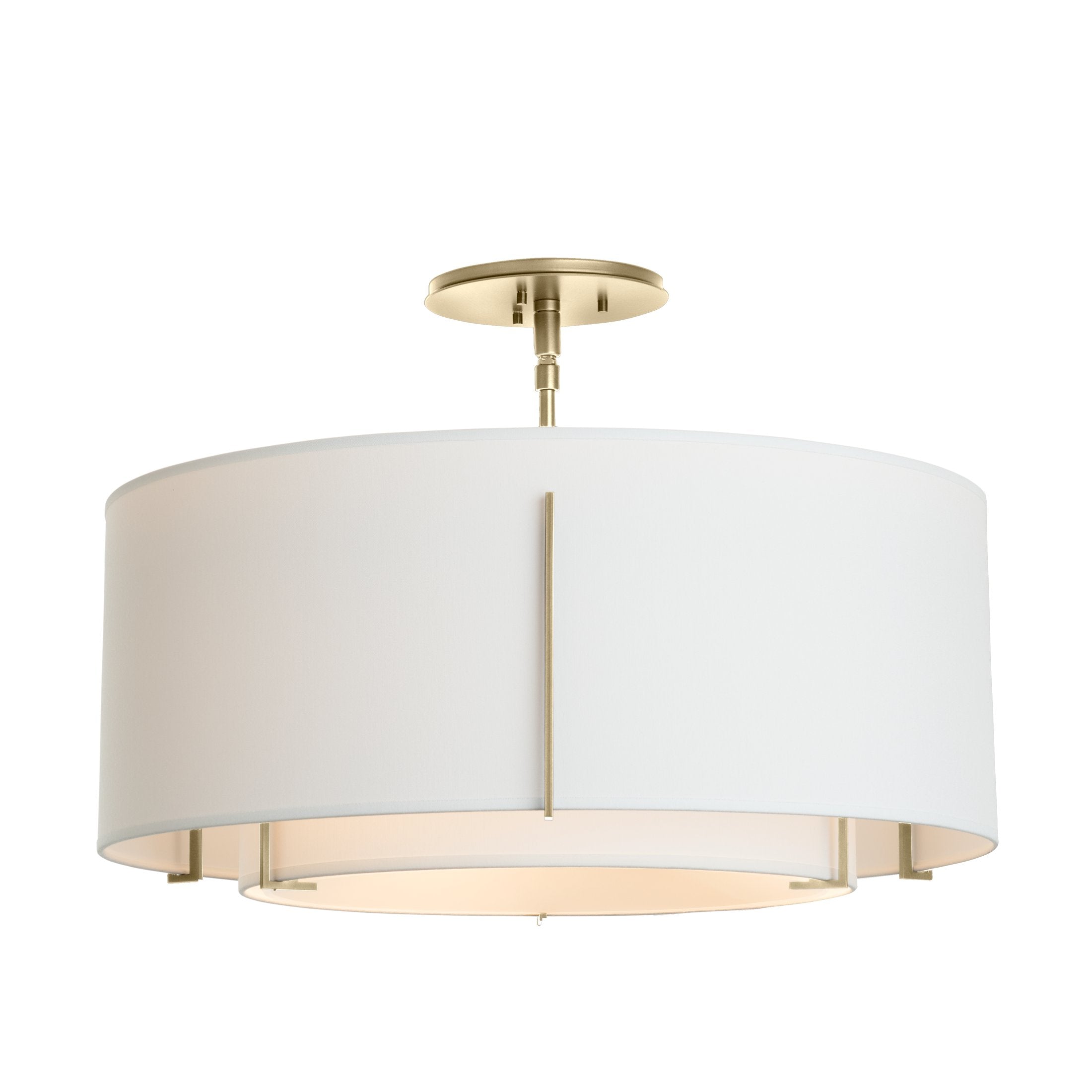 Exos Double Shade Semi-Flush Ceiling Lamp by Hubbardton Forge, Dimmable, Linen Shades, 15.3" H x 22.9" D