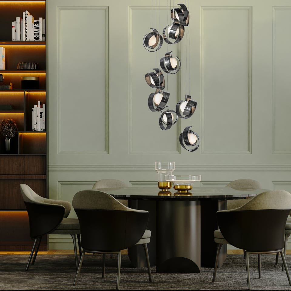 Riza 9-Light Pendant by Hubbardton Forge | Handcrafted Aluminum, Dimmable, Opal Glass Shades