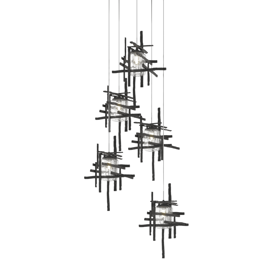 Tura 5-Light Seeded Glass Pendant by Hubbardton Forge - Dimmable, Open-Cage Design