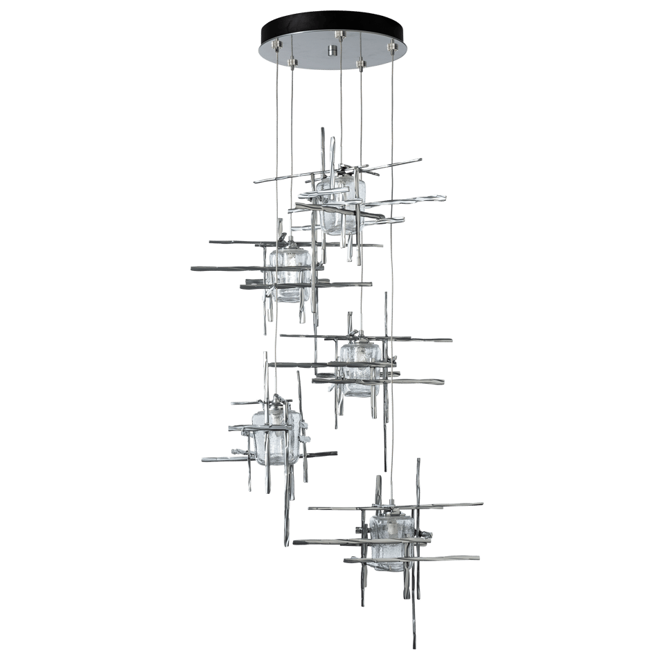 Tura 5-Light Seeded Glass Pendant by Hubbardton Forge - Dimmable, Open-Cage Design