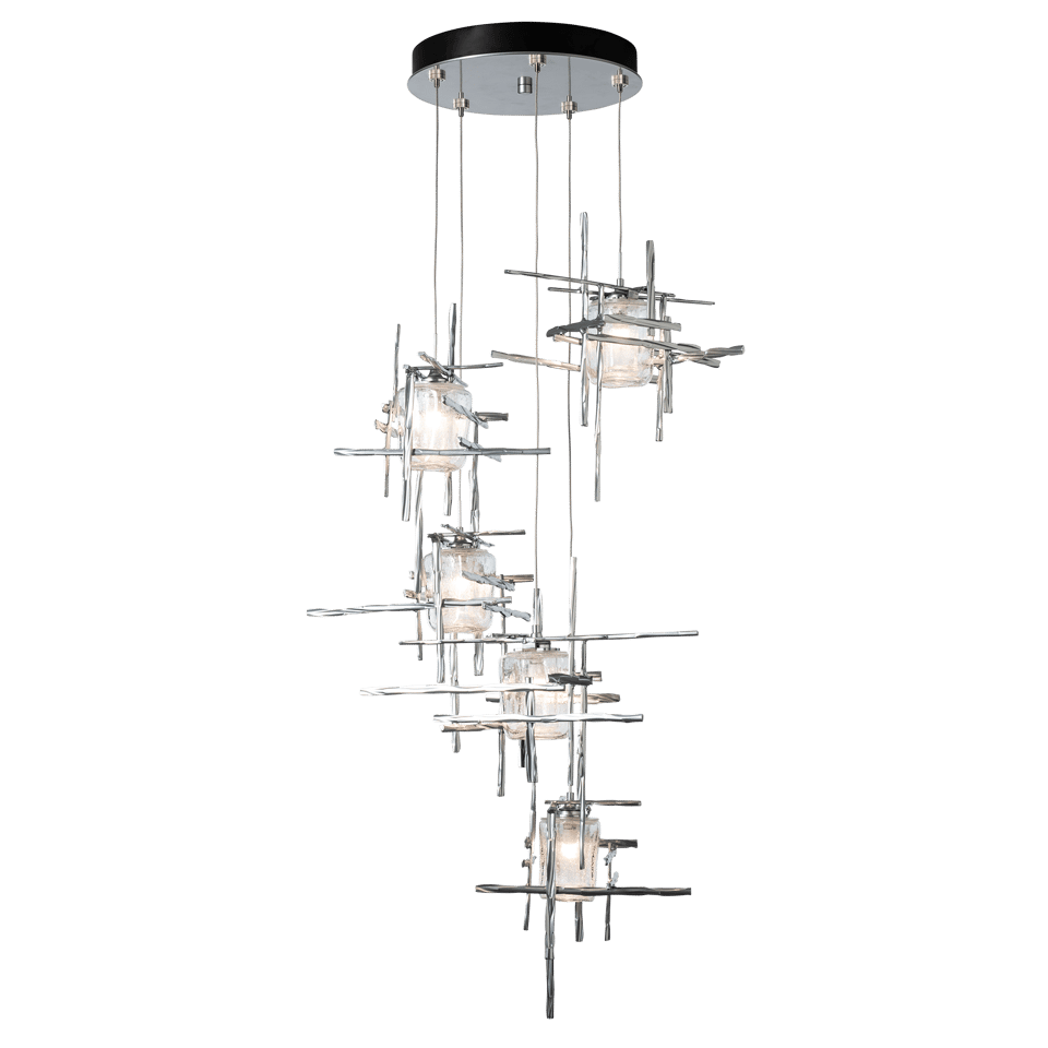 Tura 5-Light Seeded Glass Pendant by Hubbardton Forge - Dimmable, Open-Cage Design