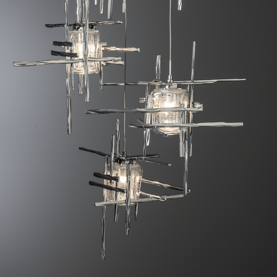 Tura 5-Light Seeded Glass Pendant by Hubbardton Forge - Dimmable, Open-Cage Design