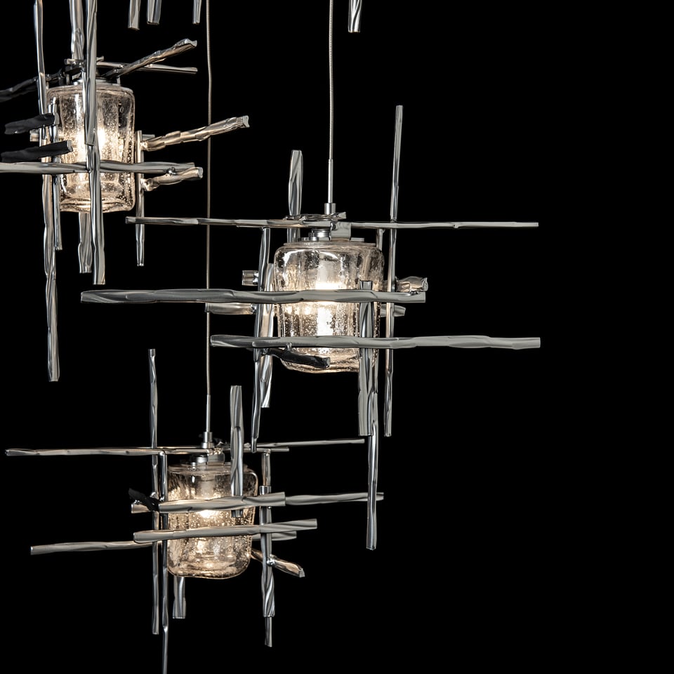 Tura 5-Light Seeded Glass Pendant by Hubbardton Forge - Dimmable, Open-Cage Design