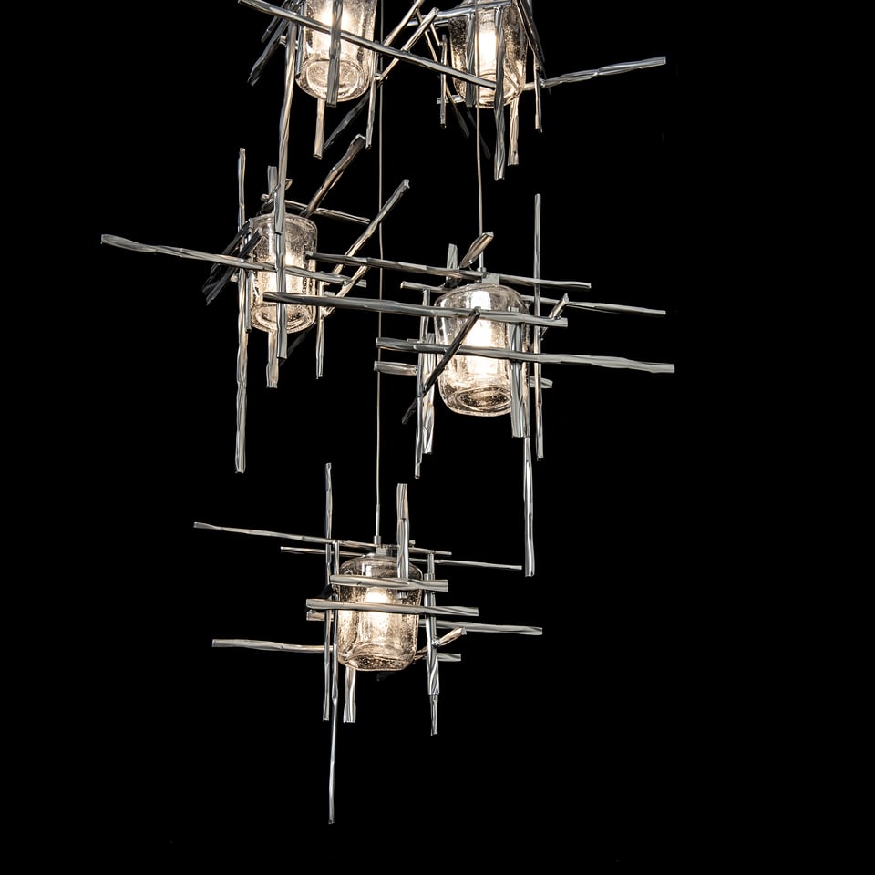 Tura 5-Light Seeded Glass Pendant by Hubbardton Forge - Dimmable, Open-Cage Design