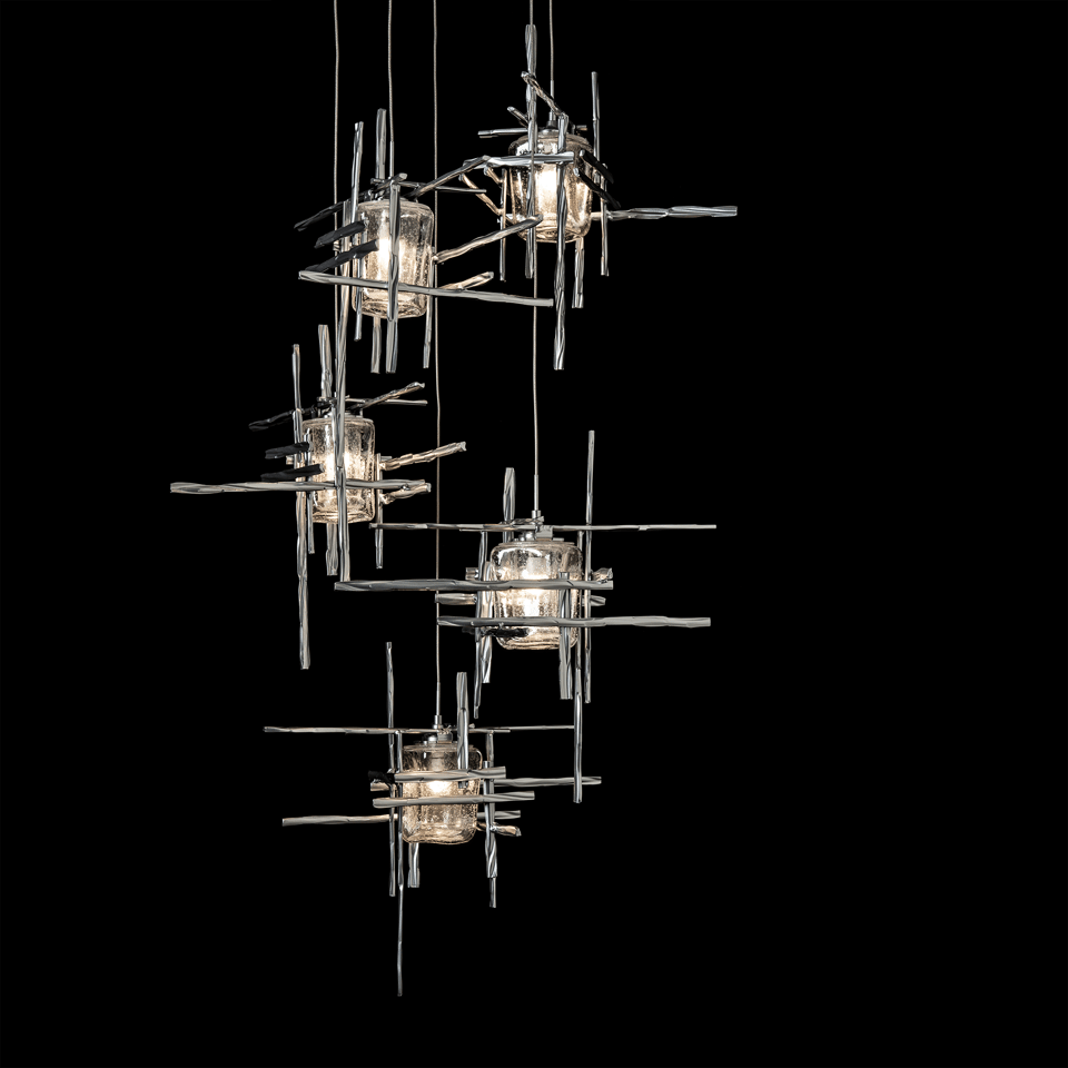 Tura 5-Light Seeded Glass Pendant by Hubbardton Forge - Dimmable, Open-Cage Design