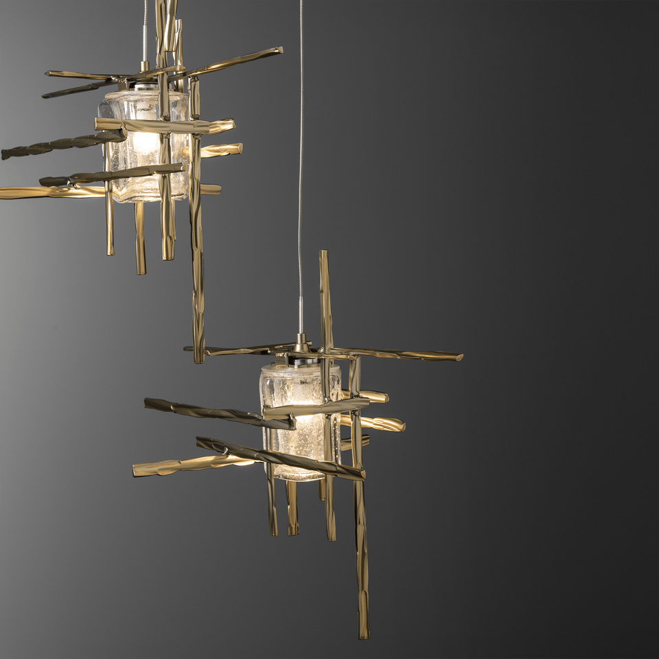 Tura 5-Light Seeded Glass Pendant by Hubbardton Forge - Dimmable, Open-Cage Design