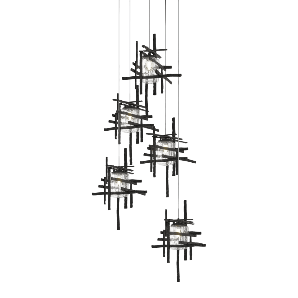 Tura 5-Light Seeded Glass Pendant by Hubbardton Forge - Dimmable, Open-Cage Design