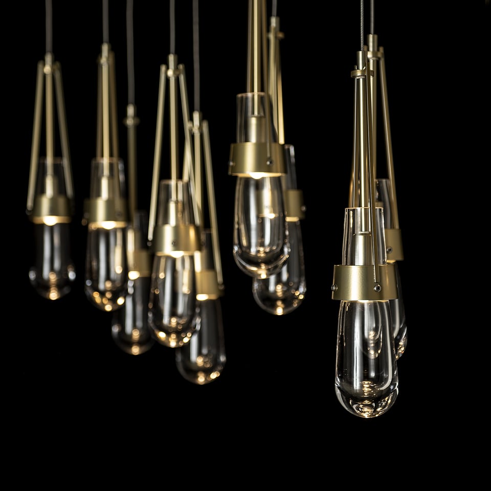 Link 10-Light Clear Glass Pendant by Hubbardton Forge with Customizable Staggered Design and Dimmable Brightness