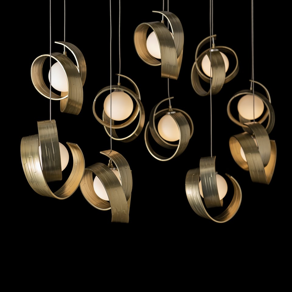 Hubbardton Forge Riza 10-Light Pendant Fixture with Dimmable Functionality and Opal Glass Shades