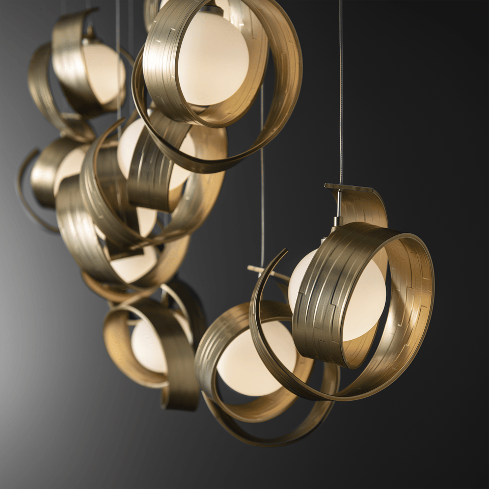 Hubbardton Forge Riza 10-Light Pendant Fixture with Dimmable Functionality and Opal Glass Shades