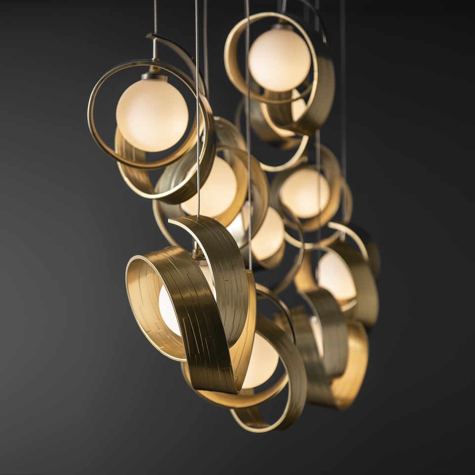 Hubbardton Forge Riza 10-Light Pendant Fixture with Dimmable Functionality and Opal Glass Shades