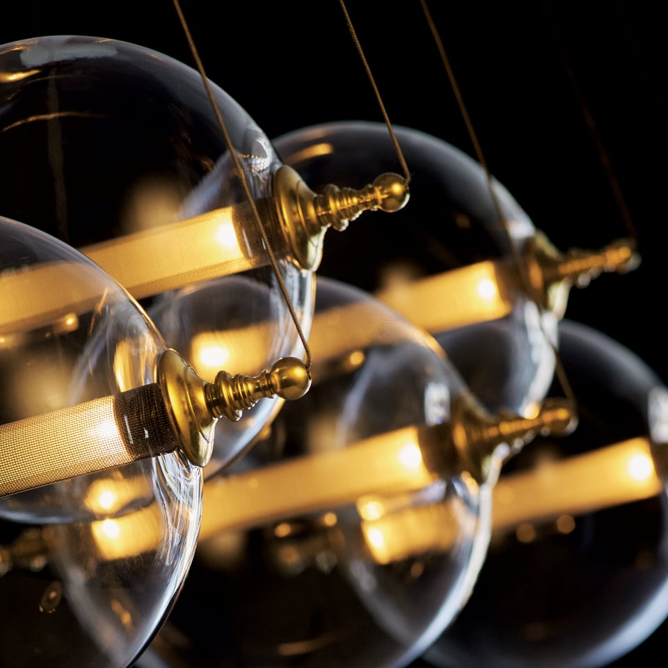 Otto Sphere 5-Light Pendant - Adjustable Height, Brass & Black Finishes, Dimmable Glass Shades