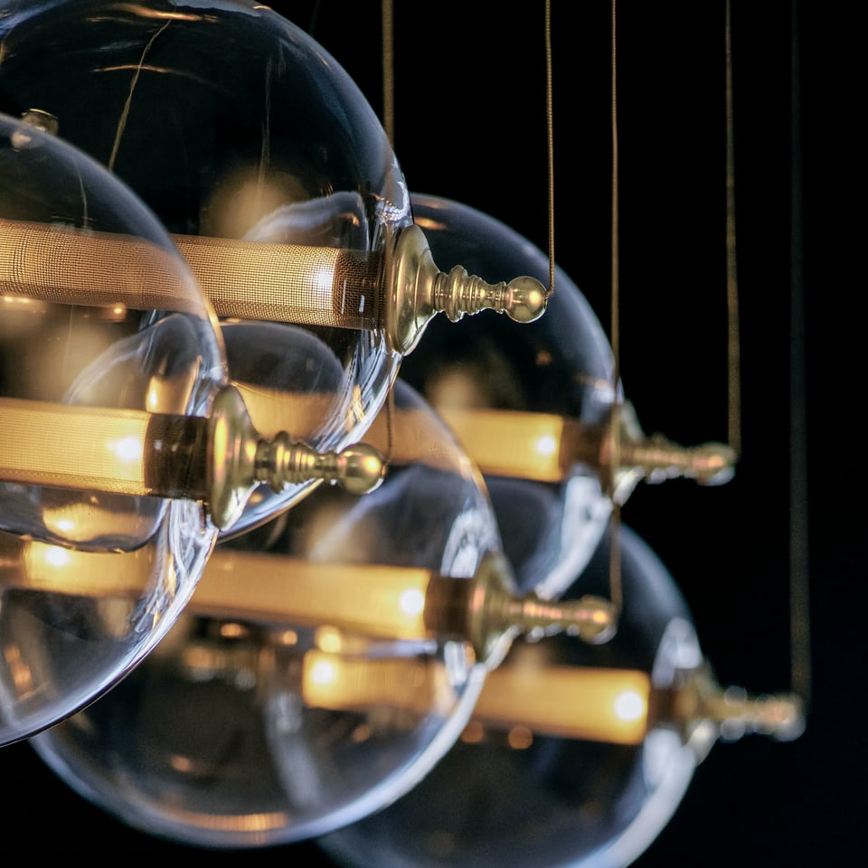 Otto Sphere 5-Light Pendant - Adjustable Height, Brass & Black Finishes, Dimmable Glass Shades