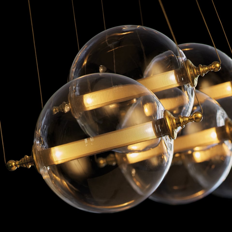 Otto Sphere 5-Light Pendant - Adjustable Height, Brass & Black Finishes, Dimmable Glass Shades