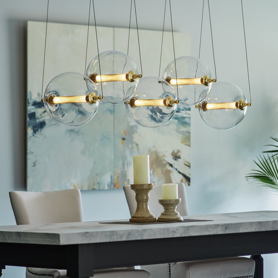 Otto Sphere 5-Light Pendant - Adjustable Height, Brass & Black Finishes, Dimmable Glass Shades