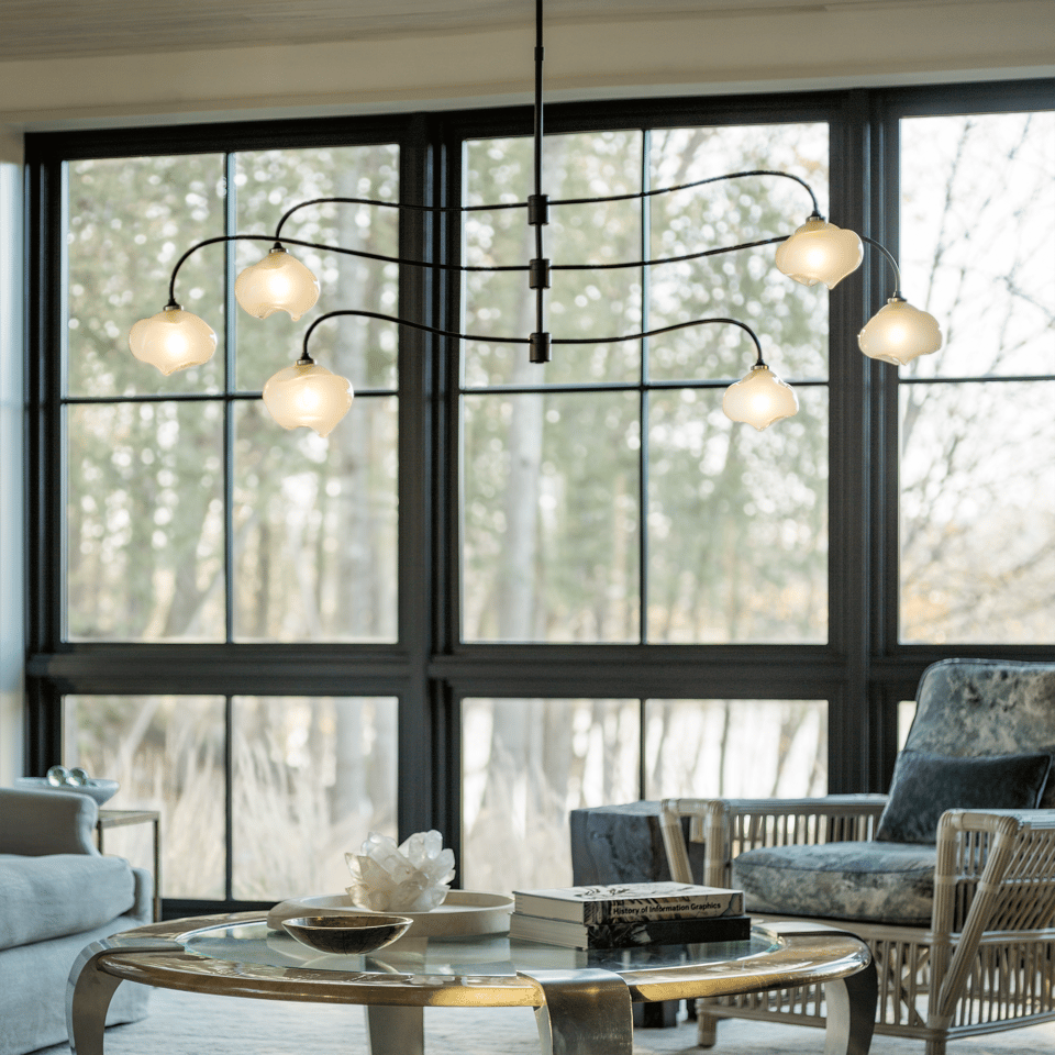 Ume 6-Light Large Pendant By Hubbardton Forge - 3-Tier Design, Adjustable Height, Frosted Glass Shades