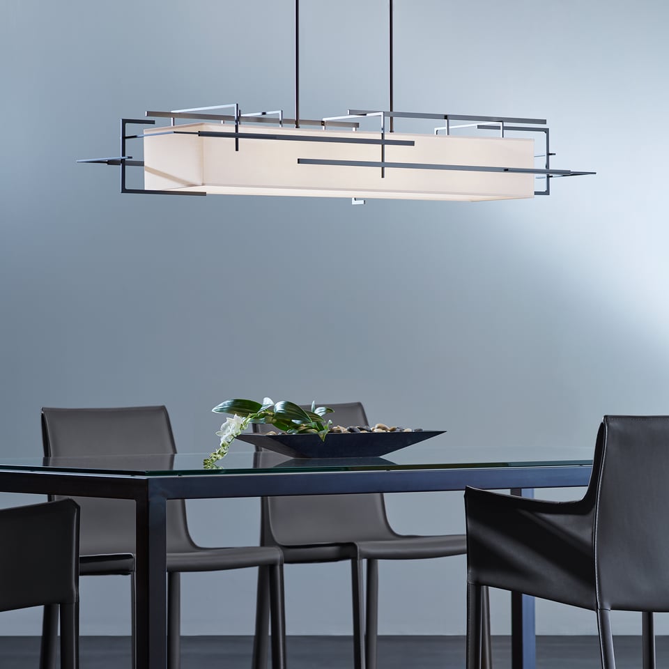 Hubbardton Forge Etch Pendant Light 54" Width Dimmable Linen Shade Flax Color UL Damp Rated