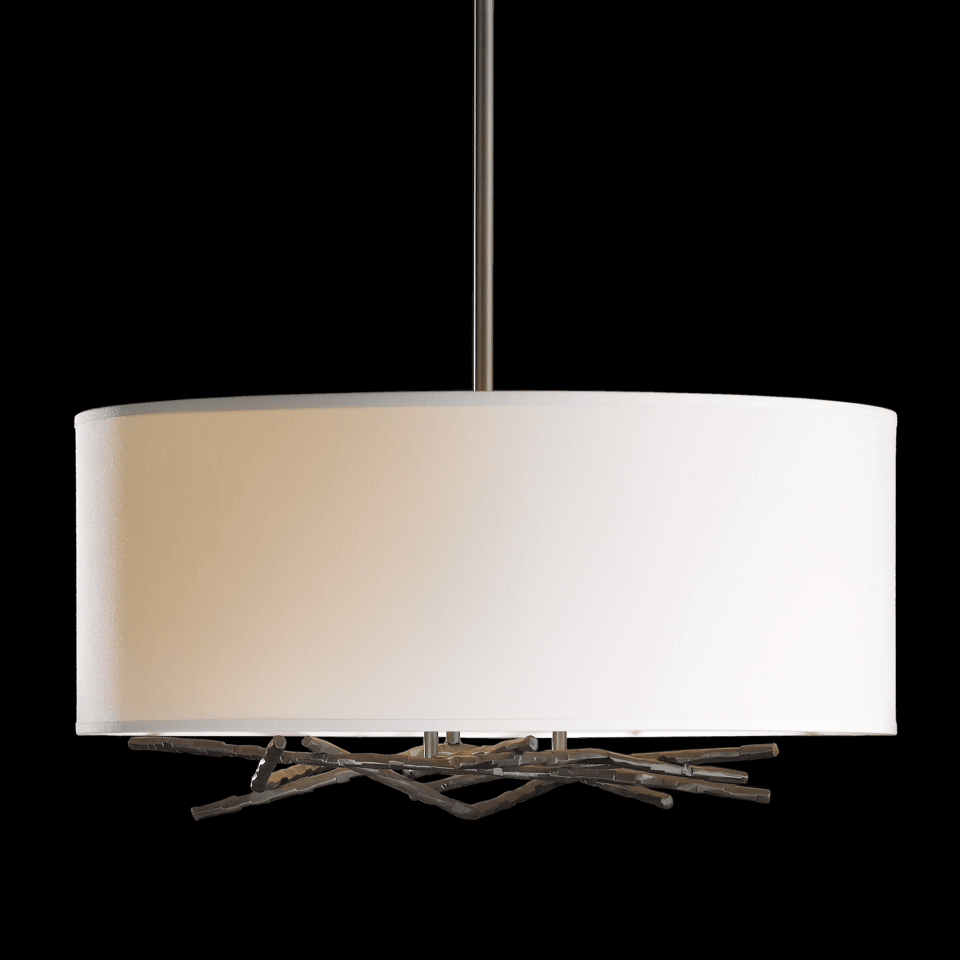 Brindille Drum Shade Pendant by Hubbardton Forge, Artisan Forged Twig Design, 3-Light Fixture, Dimmable