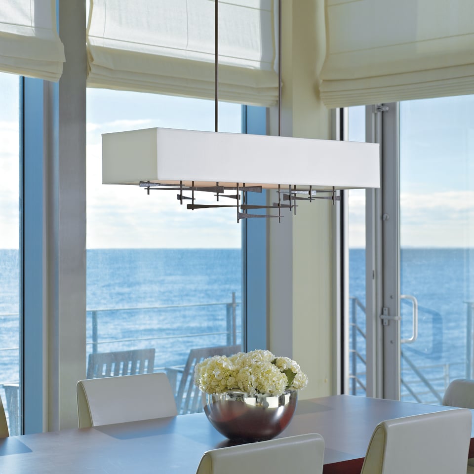 Hubbardton Forge Cavaletti Pendant Light, Handcrafted Steel, Dimmable, Linen Shade, Adjustable Height