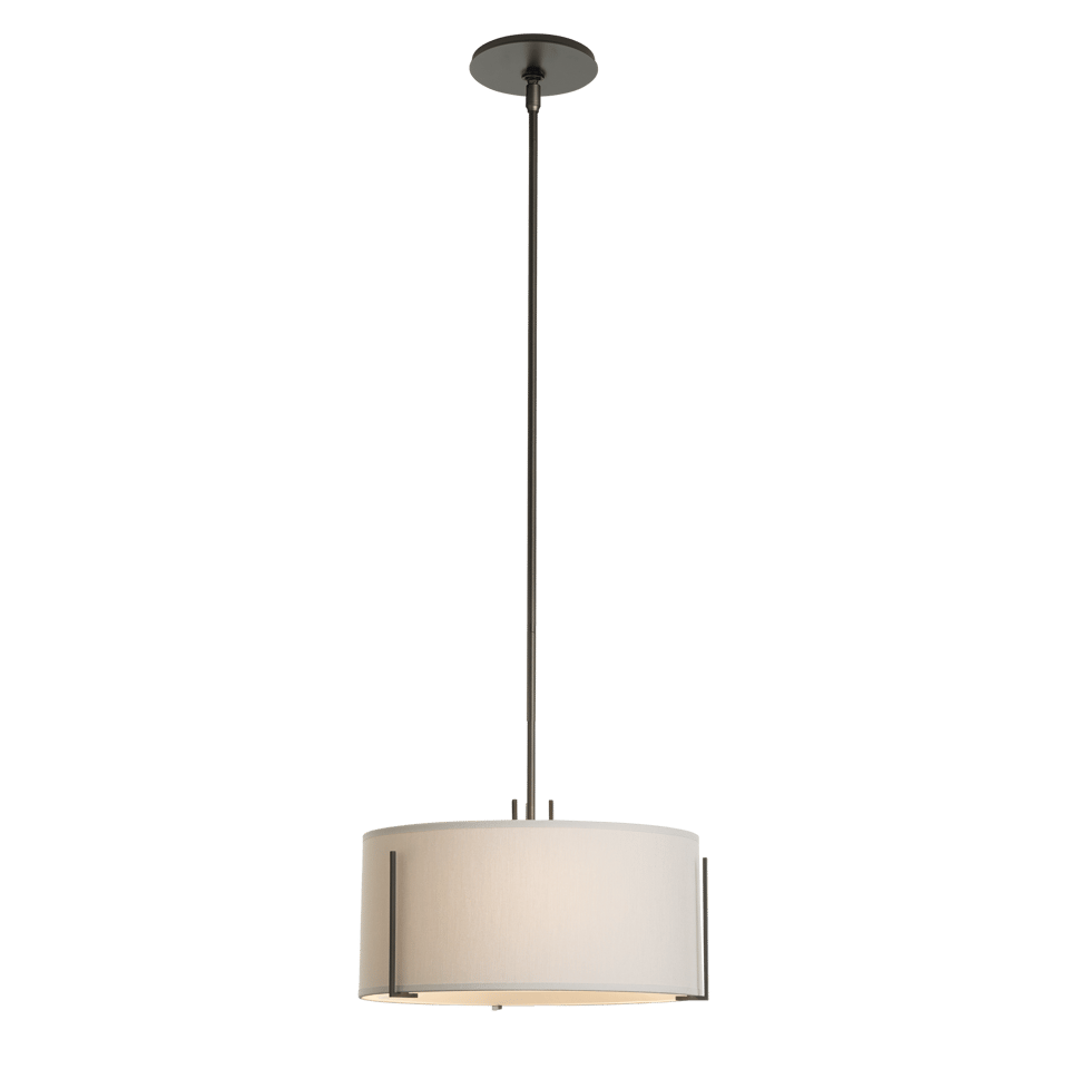 Hubbardton Forge Exos 1-Light Pendant, Hand-Forged Steel, Dimmable, Drum Shade in Flax or Natural Anna