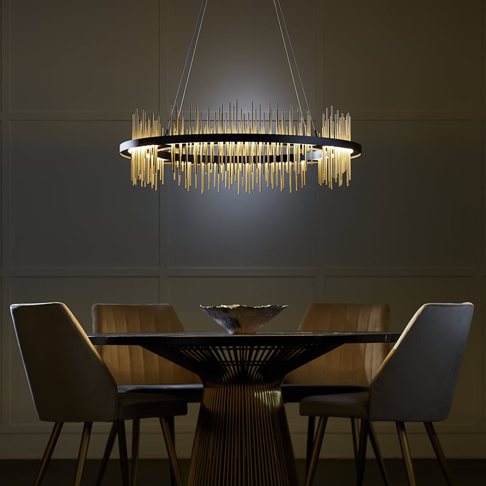 Gossamer Circular LED Pendant Light 2000 Lumens by Hubbardton Forge, Adjustable Height, 38" Diameter