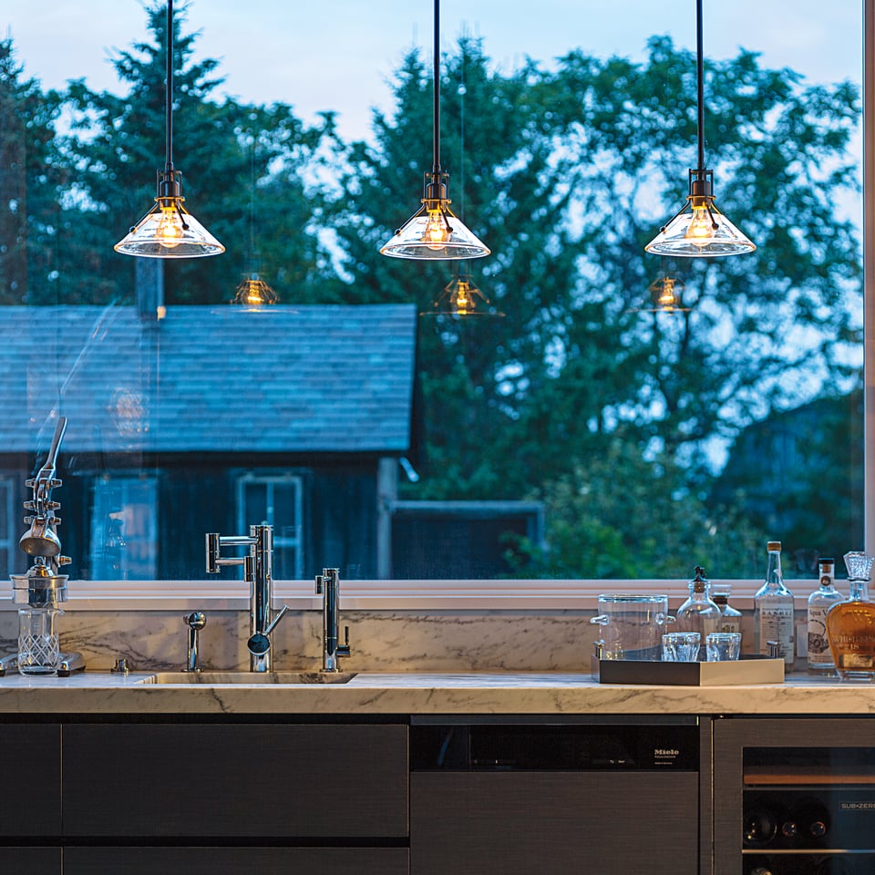 Henry Mini Pendant Light by Hubbardton Forge, 1-Light Dimmable, Adjustable Height, Clear Glass Shade