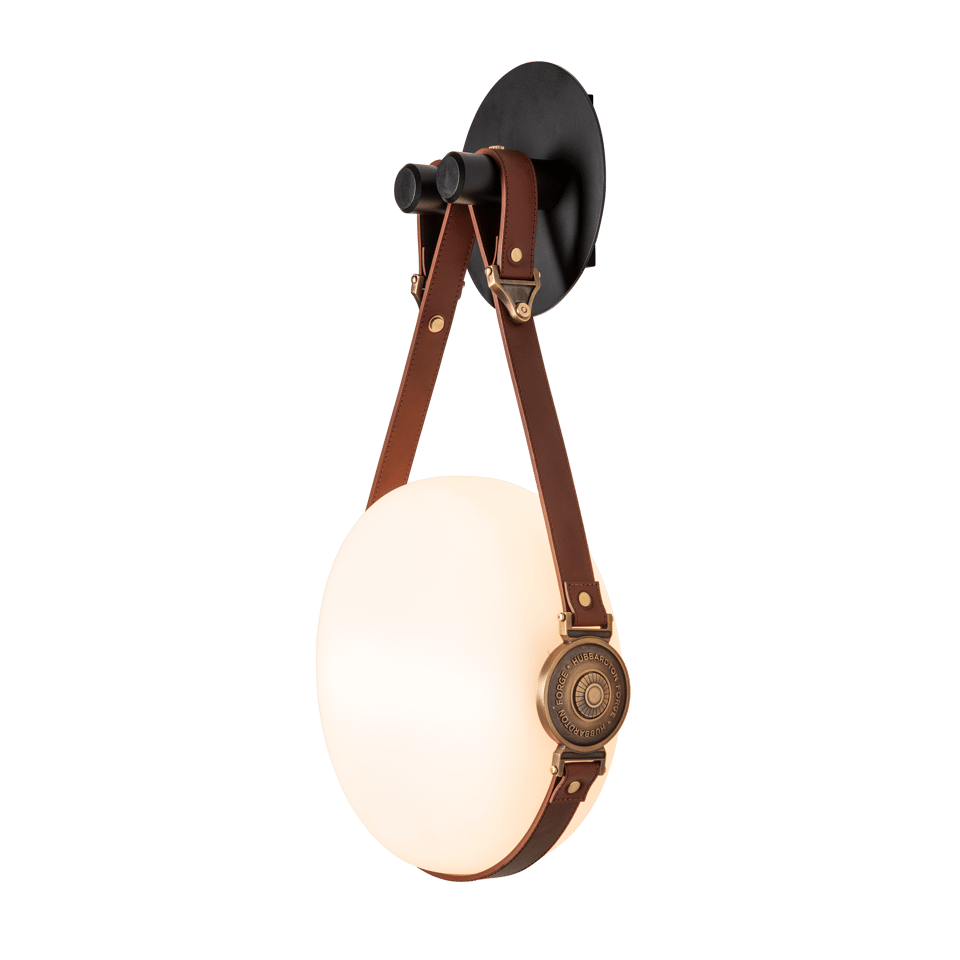 Derby LED Sconce by Hubbardton Forge, Handcrafted Leather Straps, Dimmable, 520 Lumens, UL Damp Rated