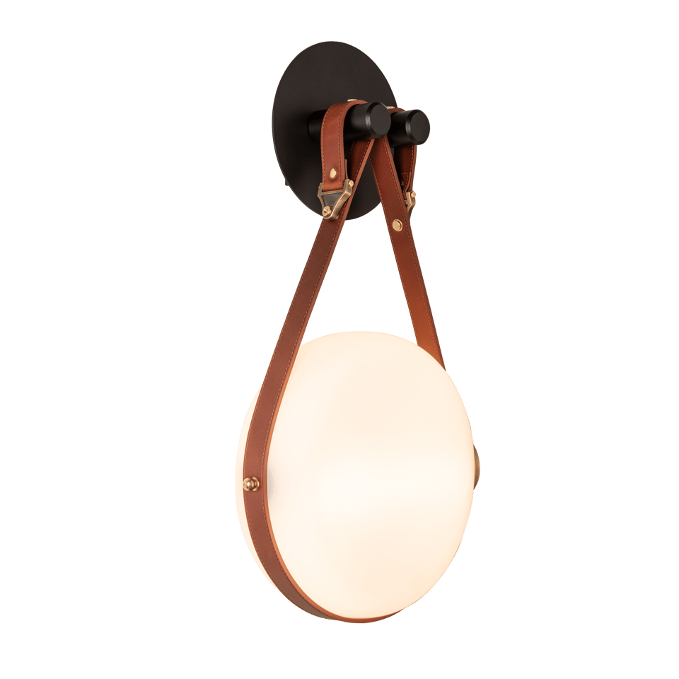 Derby LED Sconce by Hubbardton Forge, Handcrafted Leather Straps, Dimmable, 520 Lumens, UL Damp Rated