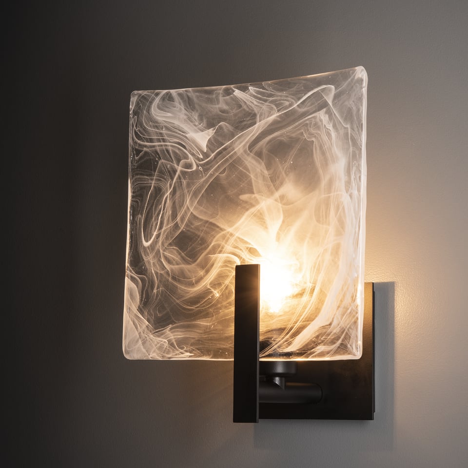 Arc Large 1-Light Bath Sconce by Hubbardton Forge with Unique Swirl Glass, Dimmable, UL Damp Rated