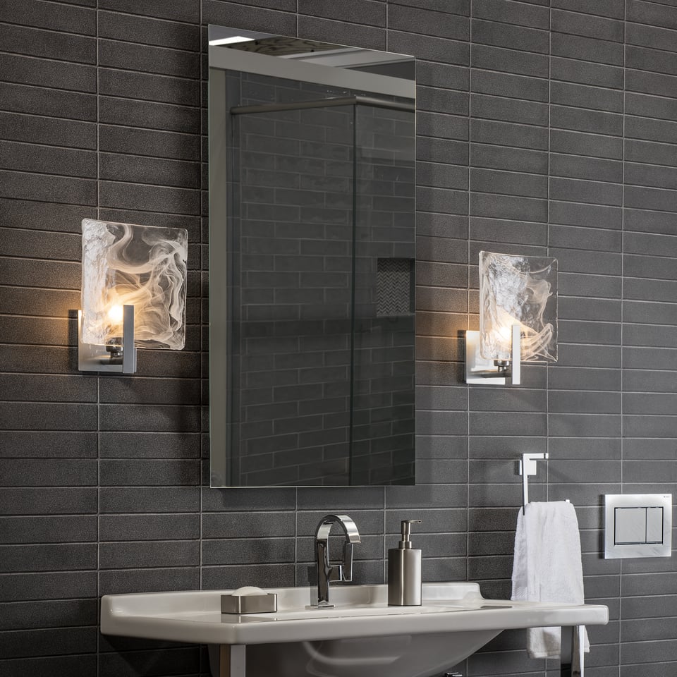 Arc Large 1-Light Bath Sconce by Hubbardton Forge with Unique Swirl Glass, Dimmable, UL Damp Rated